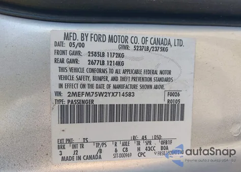 2000 Mercury Grand Marquis Ls из США, поврежденный, VIN 2MEFM75W2YX714583